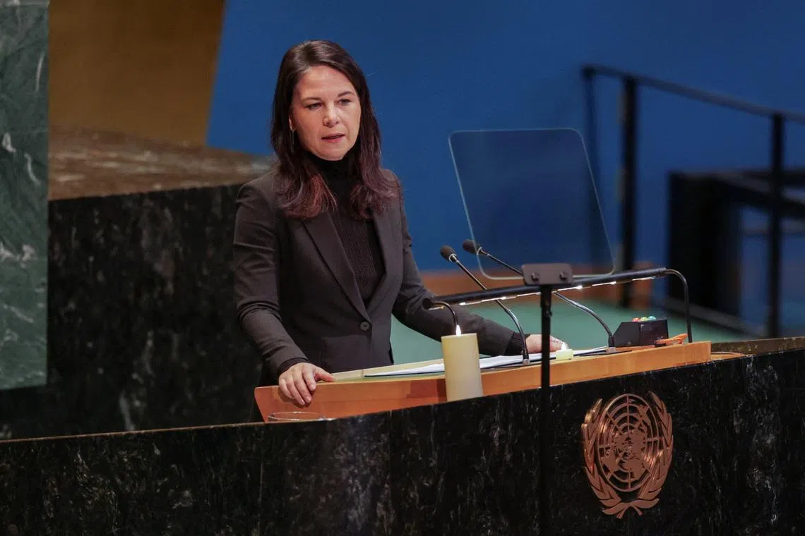 United Nations' 80th General Assembly President Annalena Baerbock addresses an event marking International Holocaust Remembrance Day at the United Nations headquarters in the Manhattan borough of New York City, U.S., January 27, 2026. REUTERS/Jeenah Moon/File Photo