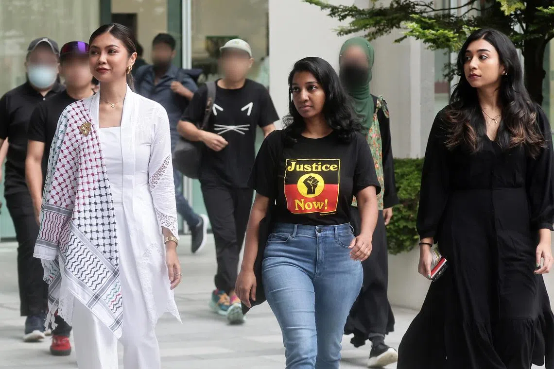 (From left) Siti Amirah Binte Mohamed Asrori, Annamalai Kokila Parvathi and Mossamad Sobikun Nahar outside the State Courts on June 27, 2024.
