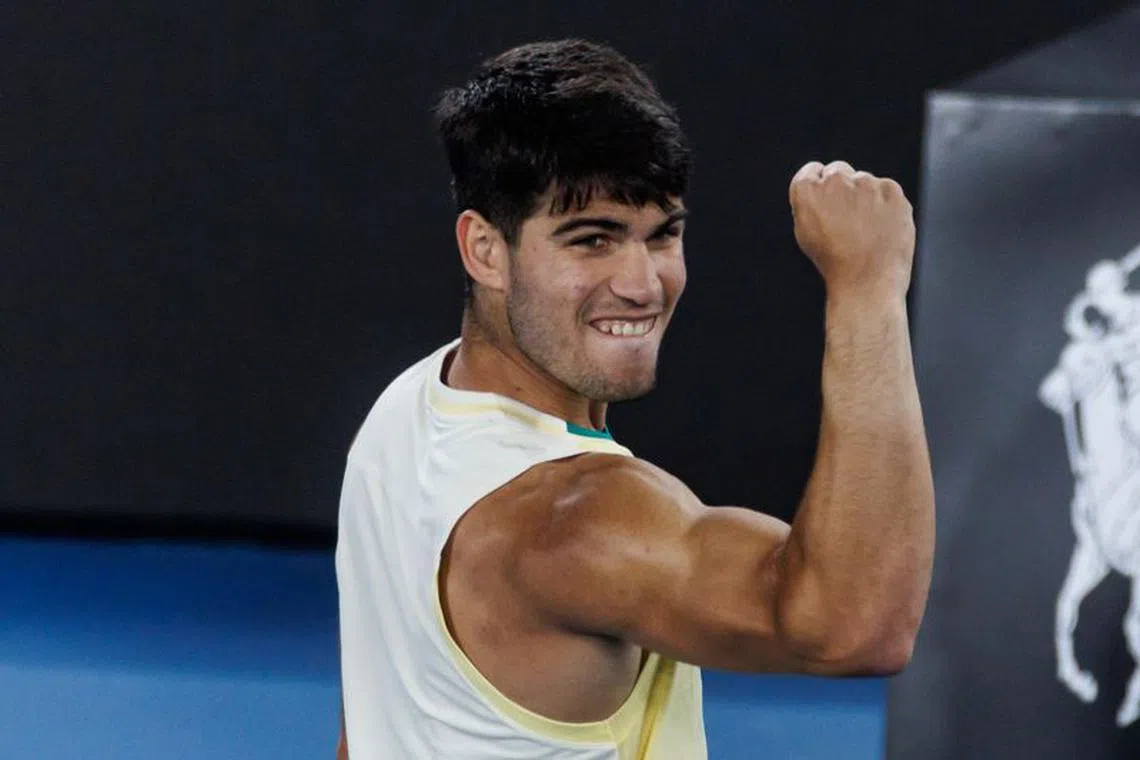 FILE PHOTO: Jan 22, 2024; Melbourne, Victoria, Australia; Carlos Alcaraz of Spain celebrates his victory over Miomir Kecmanovic of Serbia in the fourth round of the men’s singles at the Australian Open in Melbourne./Mike Frey-USA TODAY Sports/File Photo