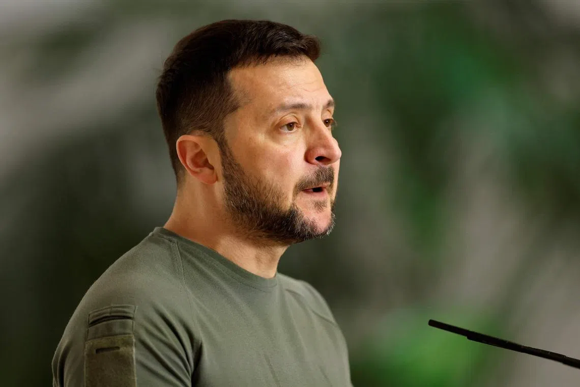 Ukraine's President Volodymyr Zelensky gives a joint press conference with Spain's Prime Minister upon signing a security deal at La Moncloa Palace in Madrid on May 27.