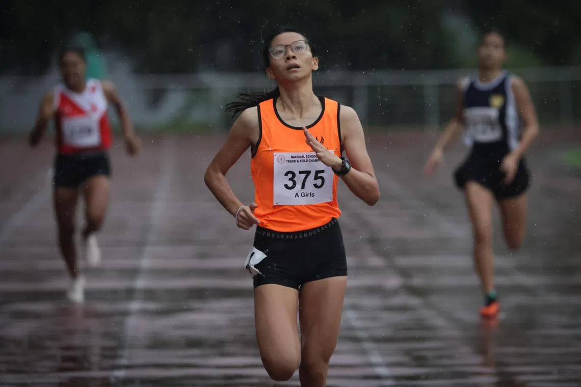 Audrey Koh competing in A Girls 400 metres at the National School Games Track & Field Championships 2024 in the Choa Chu Kang stadium, on April 12, 2024.