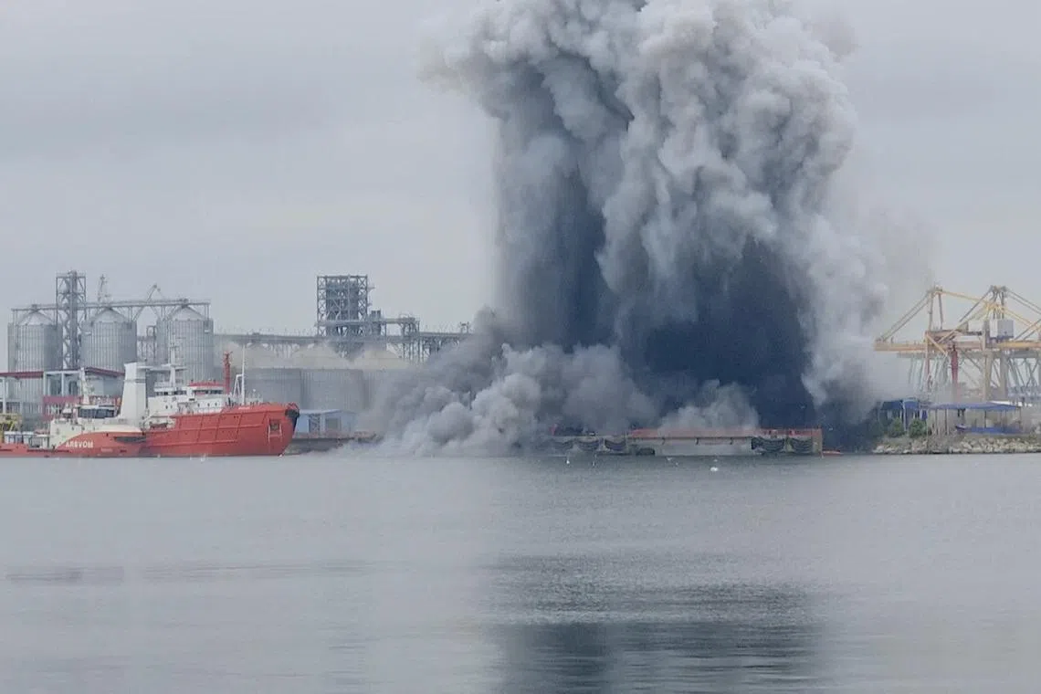 Smoke rises after an explosion as a marine drone self-detonated in Romania's Black Sea port of Constanta near an oil terminal, without causing any casualties, according to the defence ministry, in Constanta, Romania June 5, 2026, in this screengrab obtained from a handout video. Observator Antena1/Handout via REUTERS
