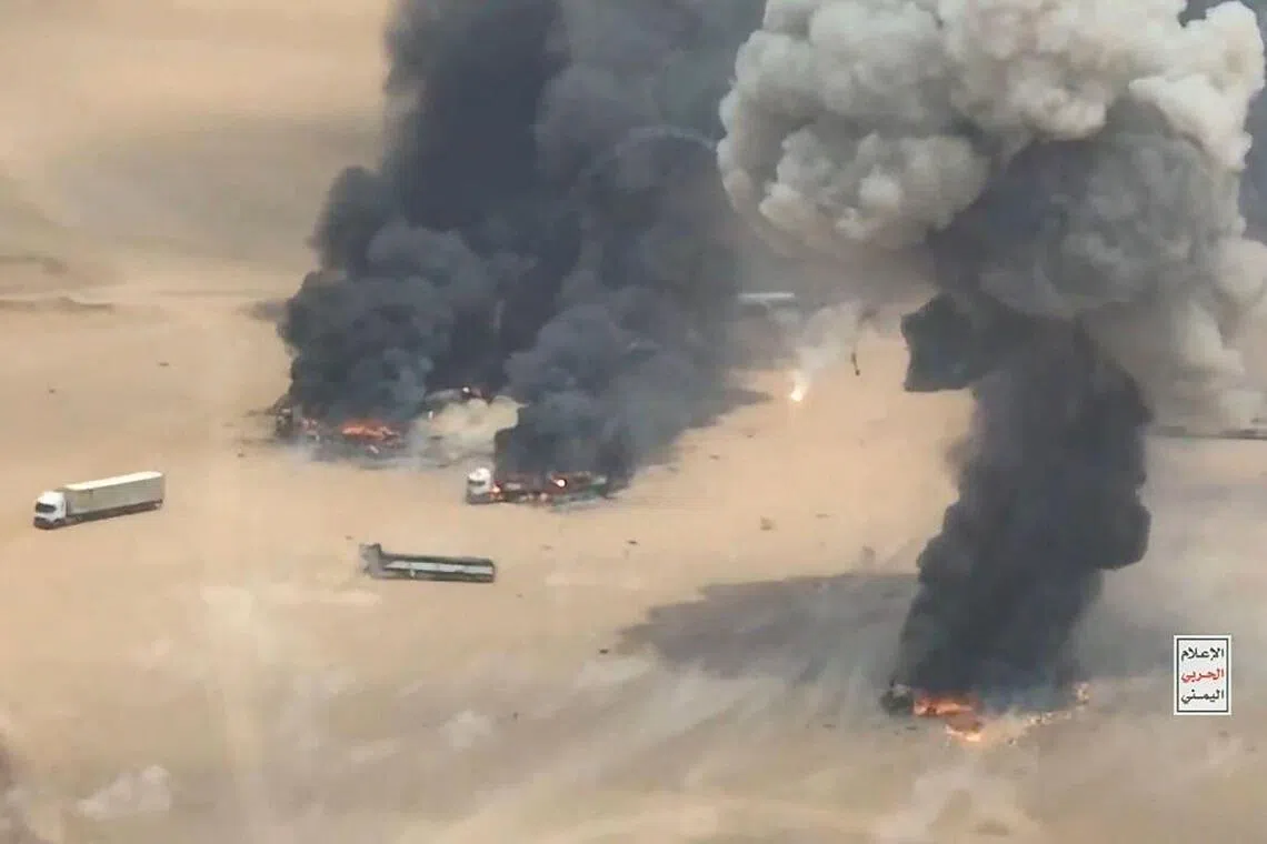 This handout image release by the Iran-backed Houthi forces on September 7, 2026, purportedly show a ballistic missile strike on trucks carrying military equipment from Saudi Arabia to the Al-Wadiah military camp in Yemen’s Hadhramaut province. Yemen's Iran-backed Houthis and Saudi-backed, internationally recognised government forces have been fighting for days over control of Bab al-Mandab on the Red Sea, marking the deadliest flare-up in Yemen since a 2022 ceasefire collapsed in July. (Photo by ANSARULLAH MEDIA CENTRE / AFP) / RESTRICTED TO EDITORIAL USE - MANDATORY CREDIT "AFP PHOTO / ANSARULLAH MEDIA CENTRE " - HANDOUT - NO MARKETING NO ADVERTISING CAMPAIGNS - DISTRIBUTED AS A SERVICE TO CLIENTS
