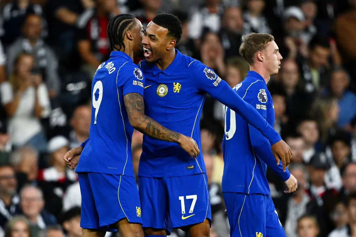 Chelsea’s Joao Pedro celebrates scoring their first goal with Morgan Rogers and Cole Palmer on Aug 24.