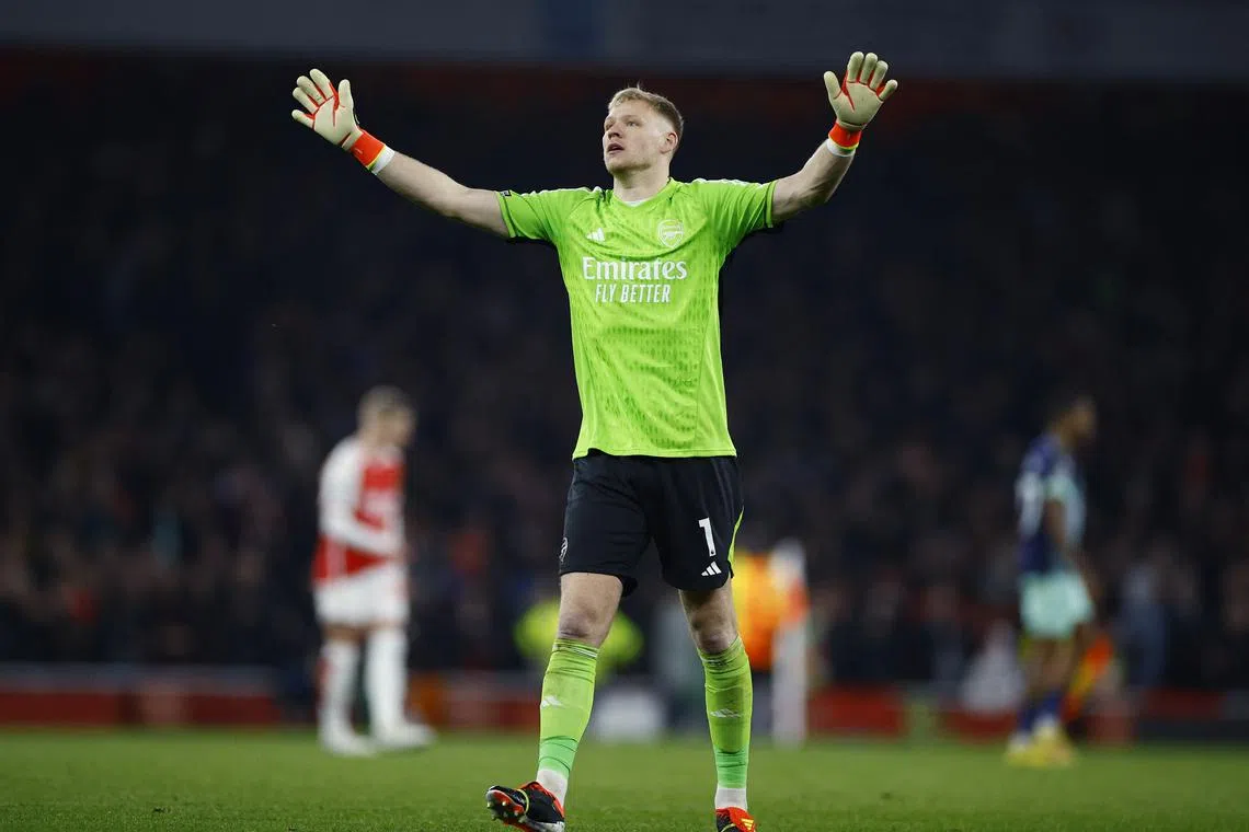 Soccer Football - Premier League - Arsenal v Brentford - Emirates Stadium, London, Britain - March 9, 2024  Arsenal's Aaron Ramsdale celebrates after the match Action Images via Reuters/John Sibley
