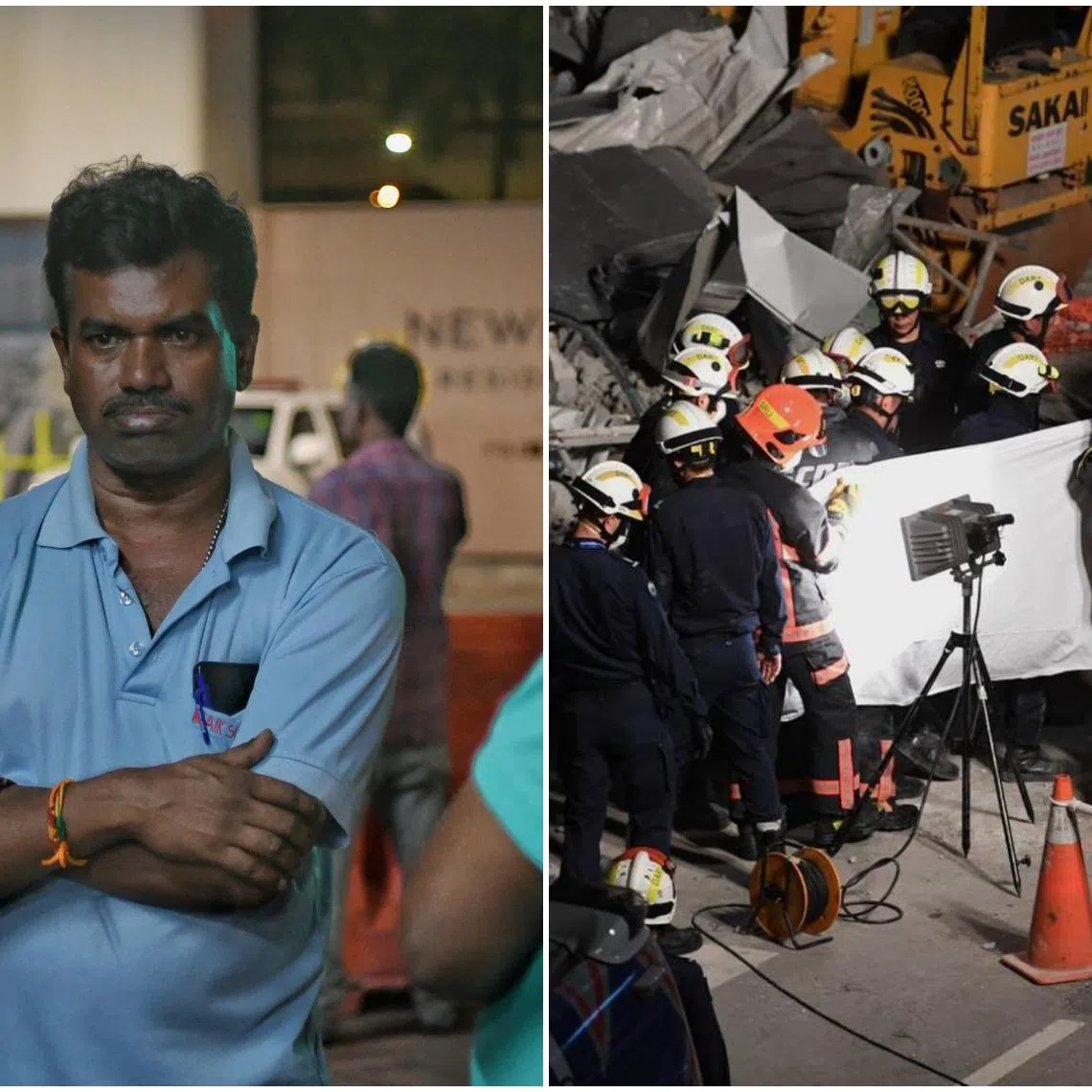 Mr Raja Manickam (left) at the accident site at around 11.43pm, two hours after identifying his grand-nephew Vinoth Kumar's body.