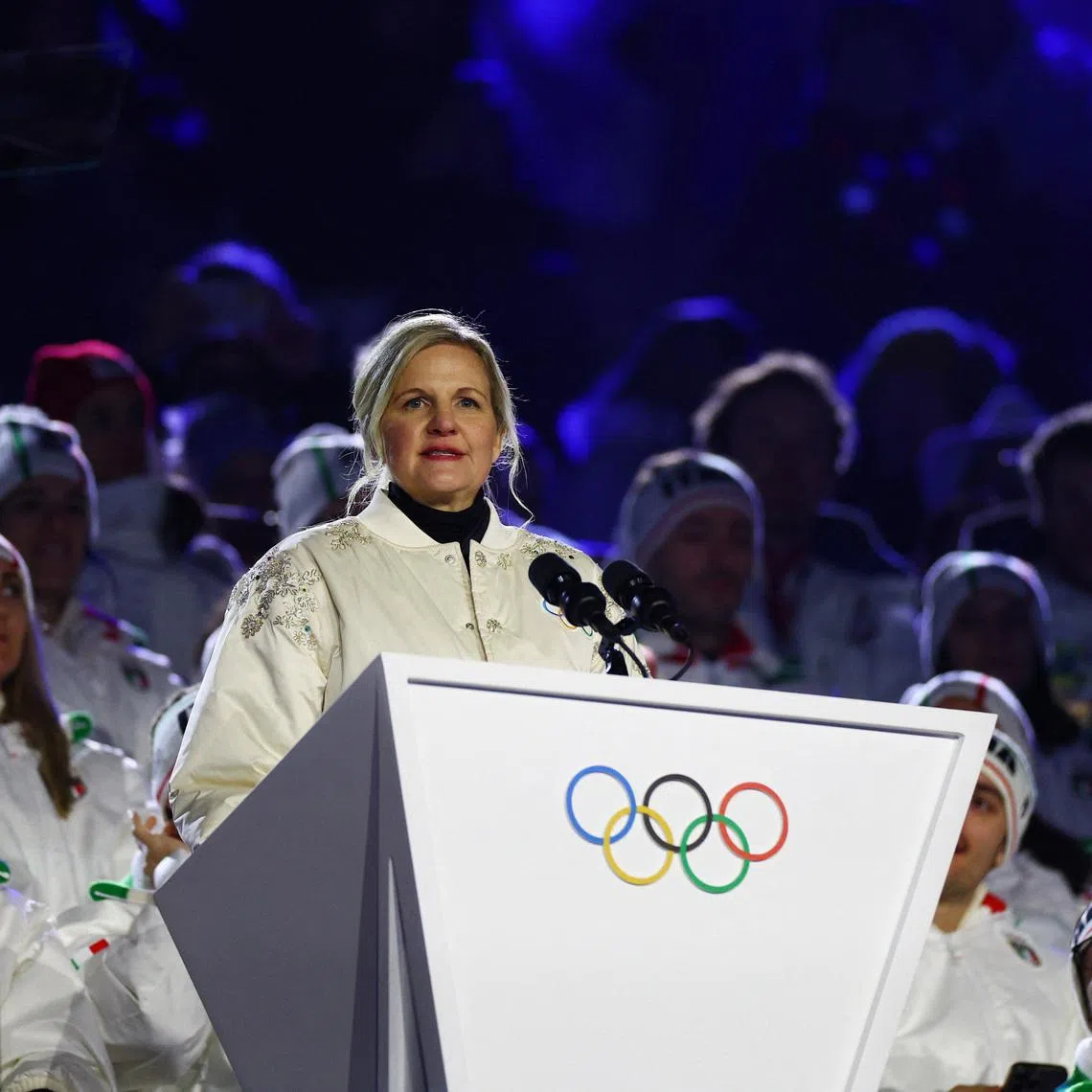 Milano Cortina 2026 Olympics - Ceremonies - Closing Ceremony - Verona Olympic Arena, Verona, Italy - February 22, 2026. IOC President Kirsty Coventry delivers a speech during the closing ceremony REUTERS/Guglielmo Mangiapane