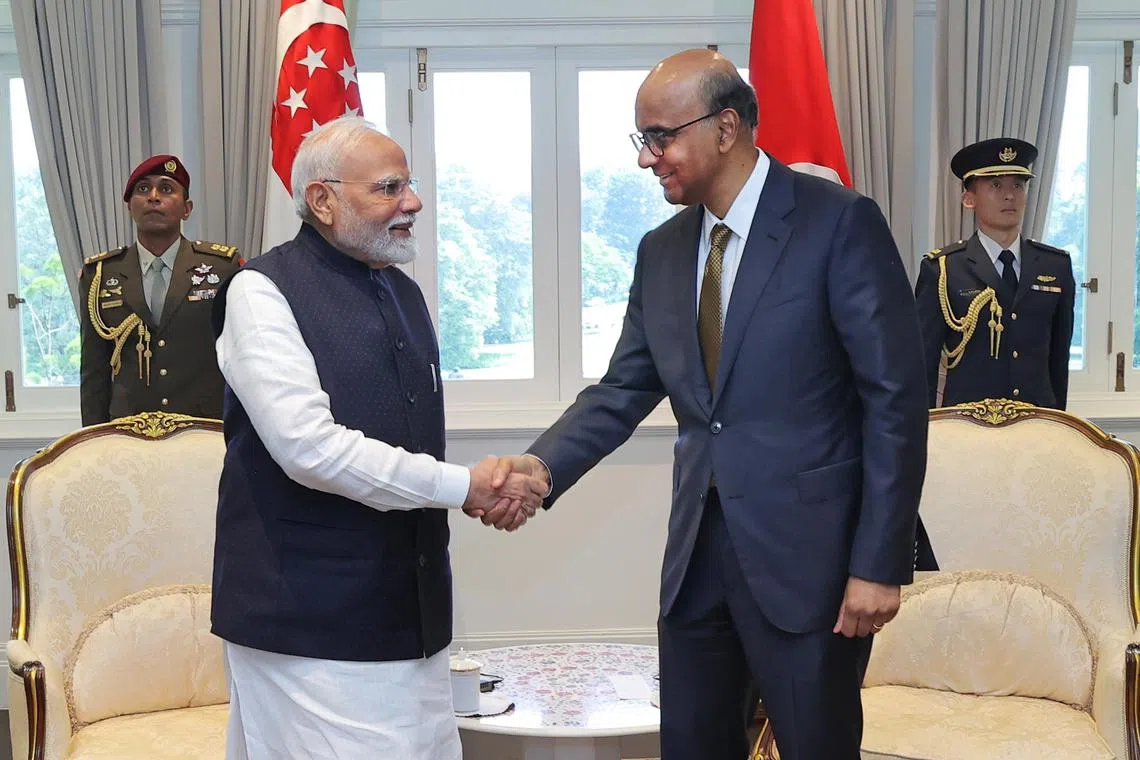 Indian Prime Minister Narendra Modi (left) called on President Tharman Shanmugaratnam on Sept 5, 2024. 