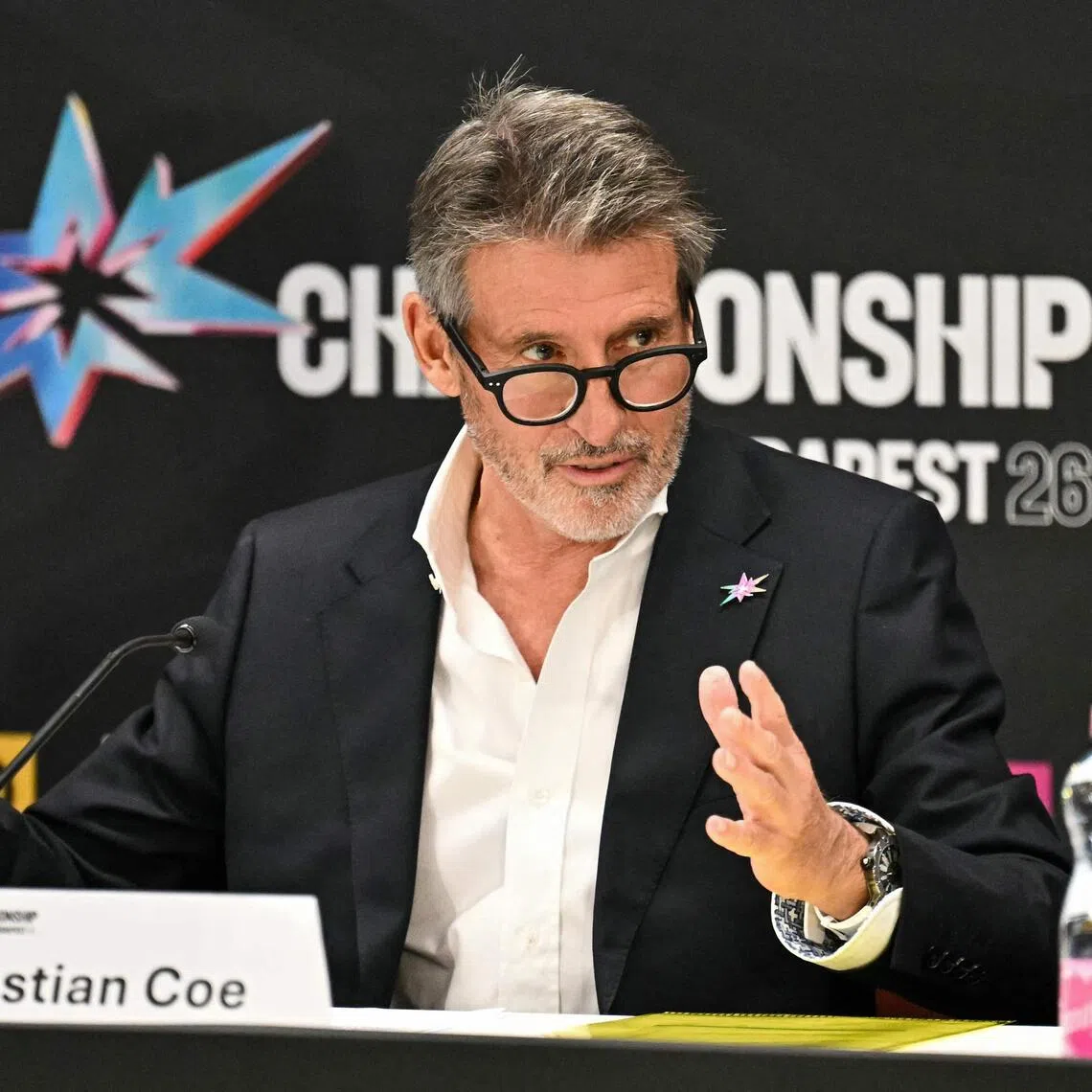 World Athletics president Sebastian Coe speaks during a press conference ahead of the World Athletics Ultimate Championship at the Gyula Zsivotzky National Athletics Centre in Budapest on September 10, 2026. (Photo by Attila KISBENEDEK / AFP)