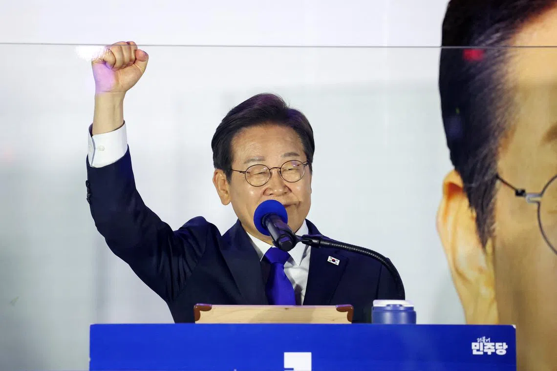 Lee Jae-myung, the presidential candidate for South Korea's Democratic Party, speaks to his supporters, in front of the National Assembly in Seoul, South Korea, June 4, 2025. REUTERS/Kim Hong-Ji