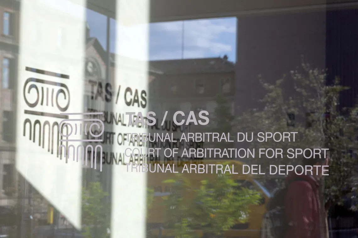 A view of the Court of Arbitration for Sport logo at the Court of Arbitration for Sport (CAS) in Lausanne, Switzerland, May 14, 2024. REUTERS/Denis Balibouse