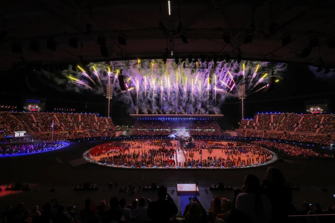 Fireworks go off at the Birmingham Commonwealth Games Opening Ceremony held at Alexander Stadium in July 2022.