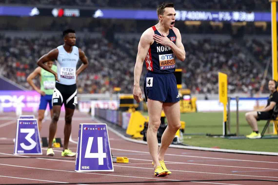 Karsten Warholm of Norway preparing for the start of his race in the men's 400m hurdles semi-final at the World Athletics Championships in Tokyo, Japan, on Sept 17, 2025.