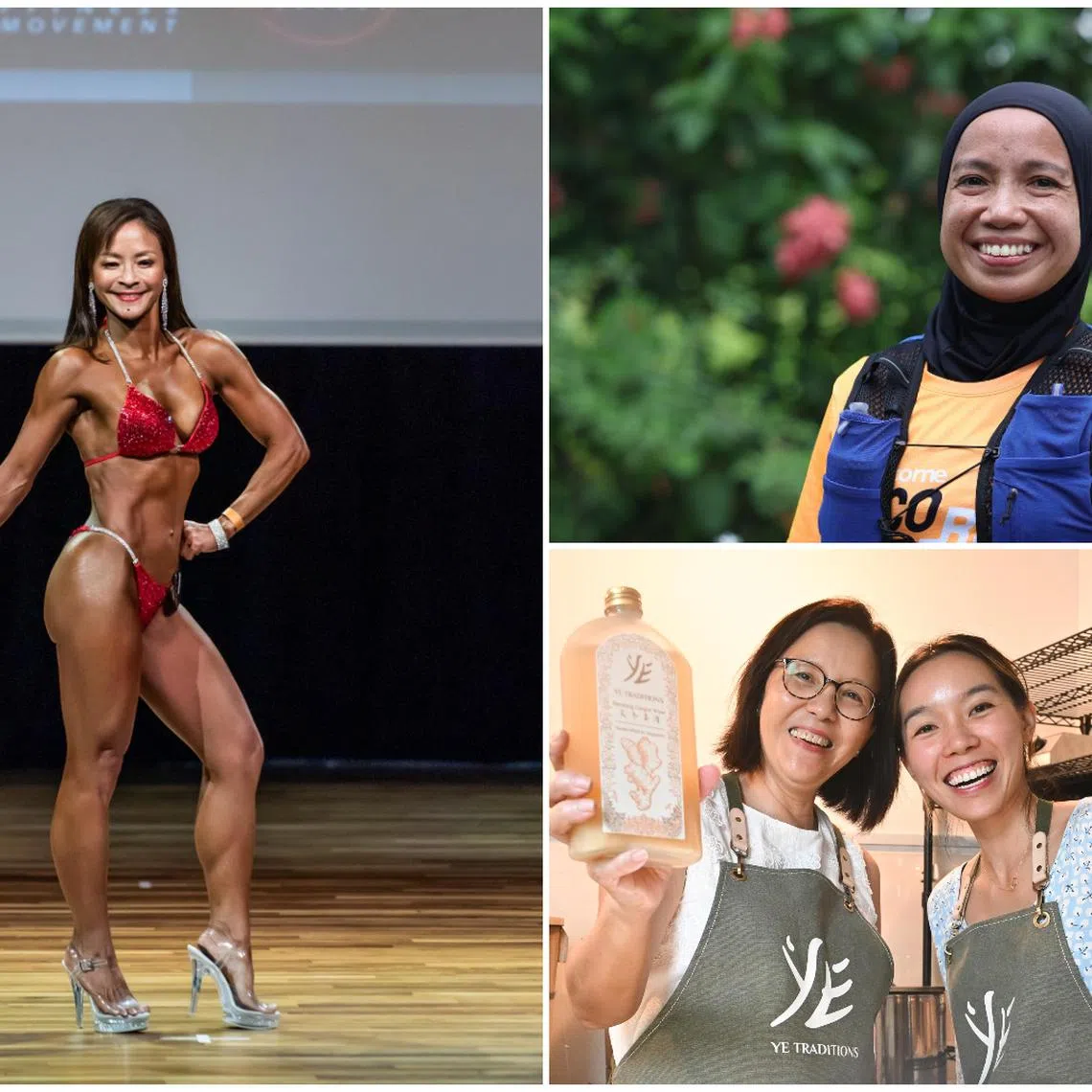 (Clockwise from left) Bodybuilder Mayda Jutahkiti, ultrarmarathoner Martini Abdul Talib, founders of Ye Traditions Madam Yap Joo Eng and her daughter Yap Jinyen.