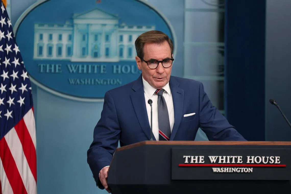 US national security spokesman John Kirby takes questions during a press briefing at the White House in Washington.