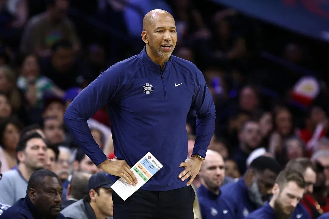Detroit Pistons head coach Monty Williams looking during the first quarter against the Philadelphia 76ers on April 9.