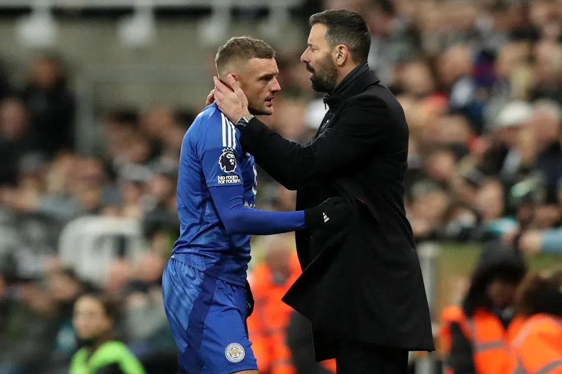 Leicester City's Jamie Vardy with manager Ruud van Nistelrooy after being substituted in their 4-0 loss to Newcastle United on Dec 14.