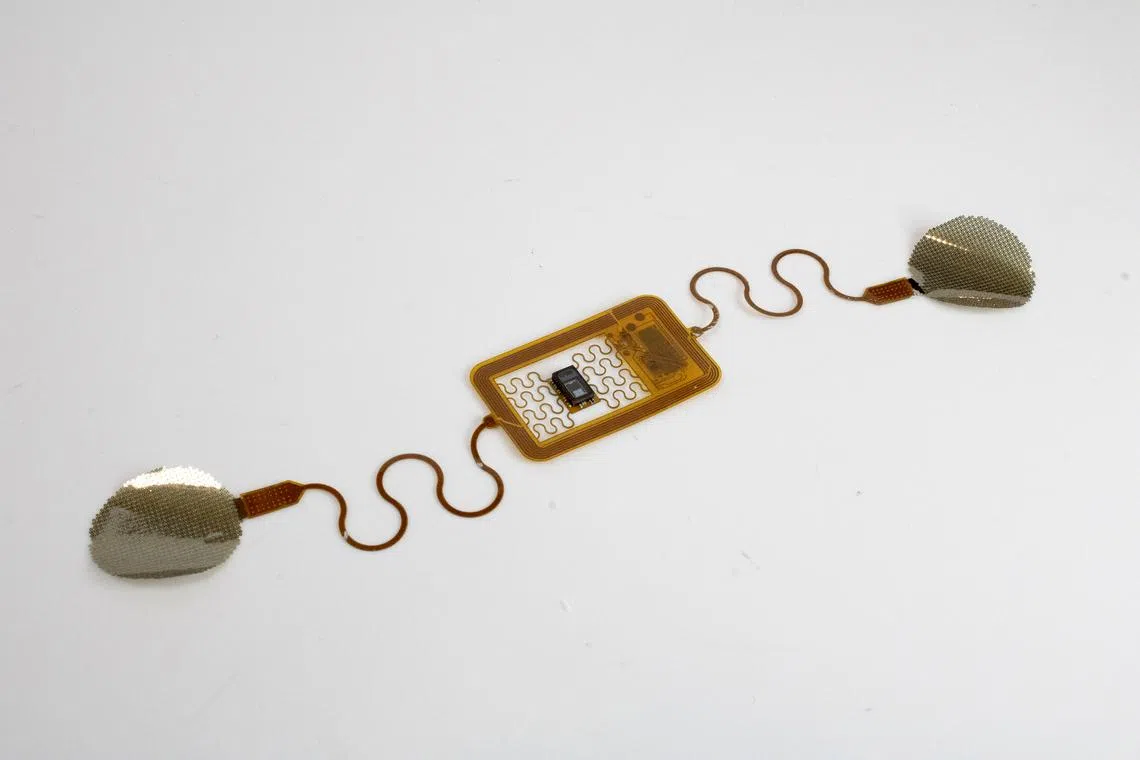 A sensor connected to two dry platinum electrodes. The research team designed the sensors to draw power from a smartphone that sits on the user’s bicep.