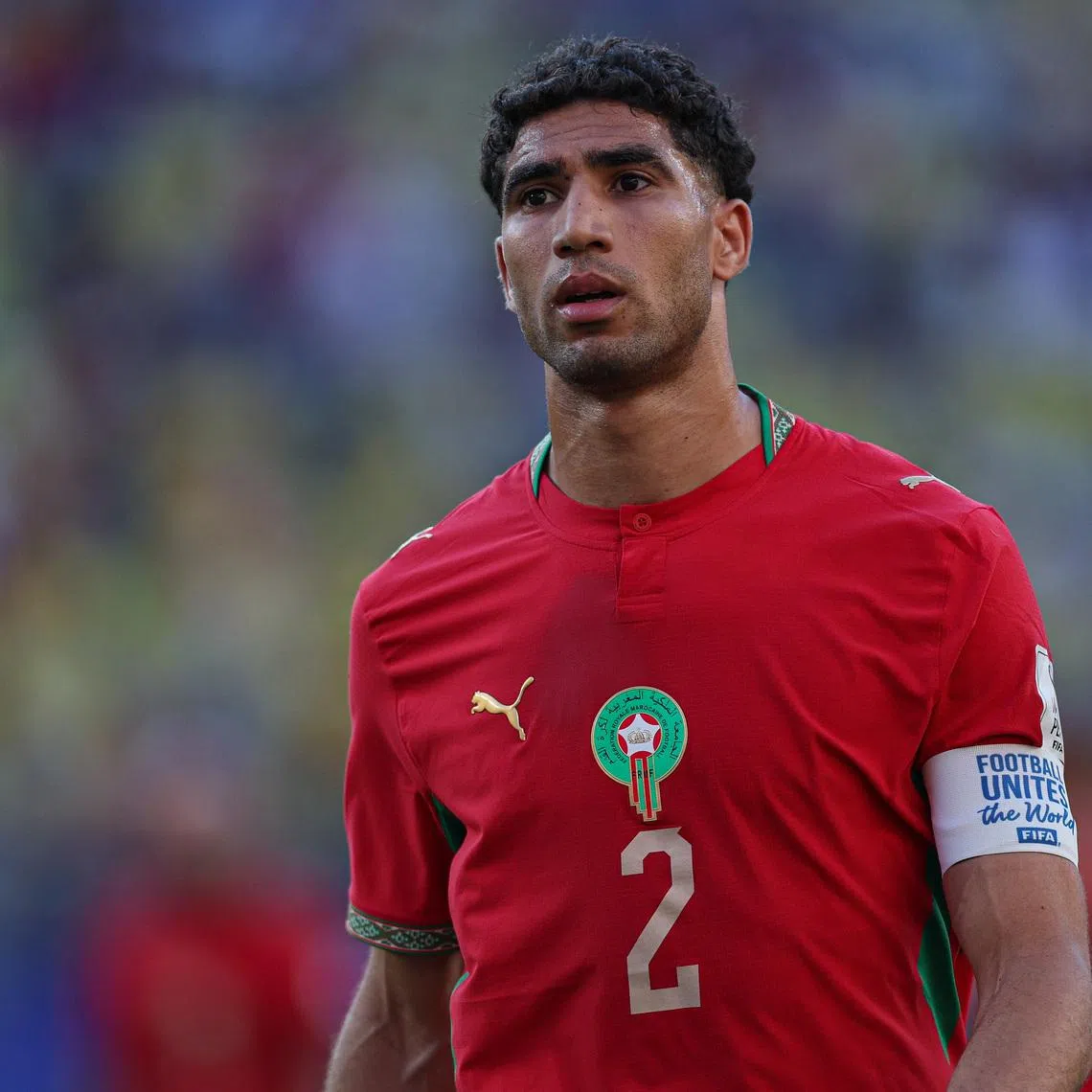 Jun 13, 2026; East Rutherford, New Jersey, USA; Morocco defender Achraf Hakimi (2) in action against Brazil during a Group C match of the 2026 FIFA World Cup at New York New Jersey Stadium. Mandatory Credit: Vincent Carchietta-Imagn Images
