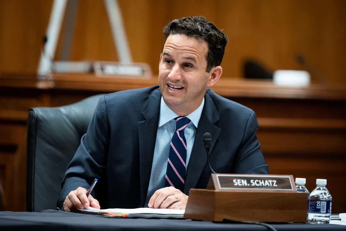 FILE PHOTO: Senator Brian Schatz (D-HI) speaks during a Senate Appropriations Subcommittee hearing in Washington, D.C., U.S., June 9, 2021. Al Drago/Pool via REUTERS/File Photo