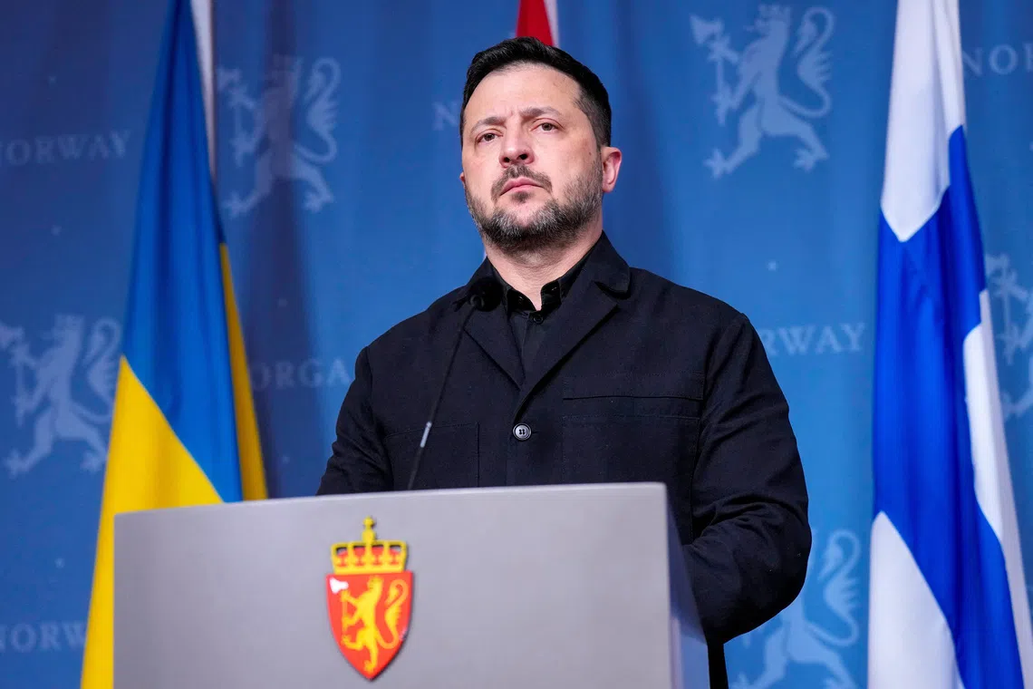 Ukrainian President Volodymyr Zelenskiy attends a press conference with Norwegian Prime Minister Jonas Gahr Store and Finnish President Alexander Stubb (not pictured) in Oslo, Norway, October 20, 2026. NTB/Cornelius Poppe/via REUTERS