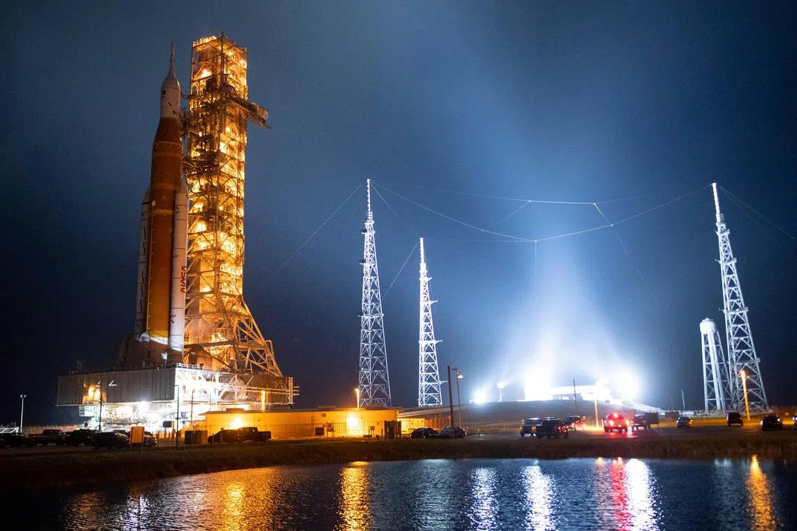 A Nasa image shows the Artemis-1 rocket climbing the launch pad ramp after its nine-hour 6km journey.