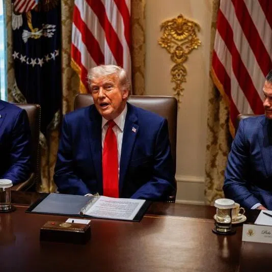 (From left) US Secretary of State Marco Rubio, US President Donald Trump and US Defense Secretary Pete Hegseth during a Cabinet meeting on May 27 at the White House in Washington DC.