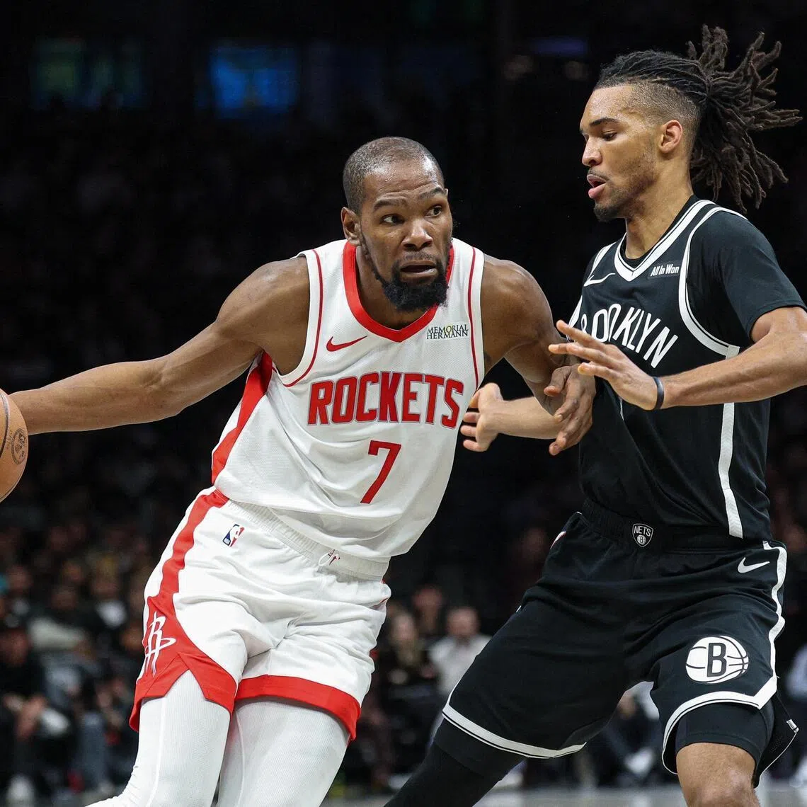 Houston Rockets forward Kevin Durant dribbles against Brooklyn Nets forward Ziaire Williams during the second half at Barclays Center.