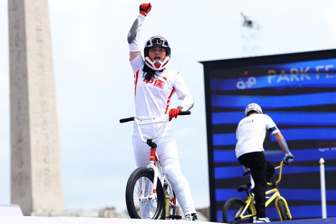 Paris 2024 Olympics - BMX Freestyle - Women's Park Final - La Concorde 2, Paris, France - July 31, 2024. Yawen Deng of China reacts during run two. REUTERS/Esa Alexander