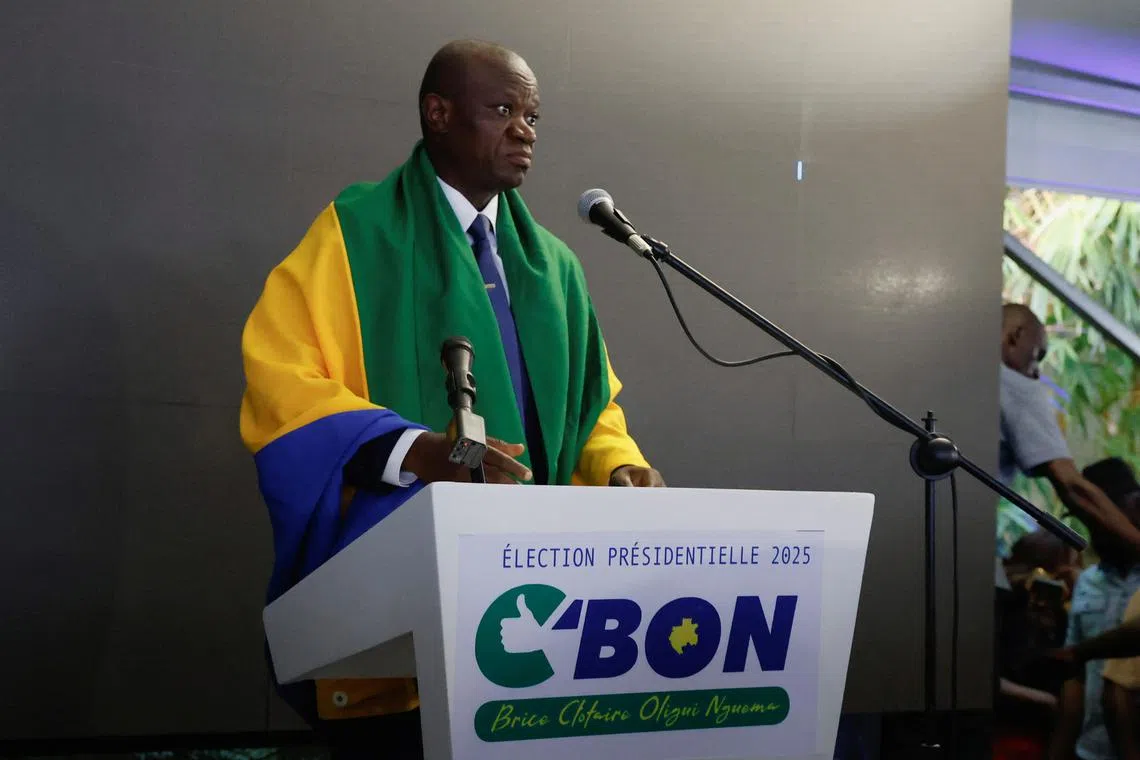 Brice Clotaire Oligui Nguema speaks following the announcement of provisional results for the 2025 Gabonese presidential election, at the headquaters of Rassemblement des Batisseurs (RdB) in Libreville, Gabon, April 13, 2025. REUTERS/Luc Gnago/File Photo