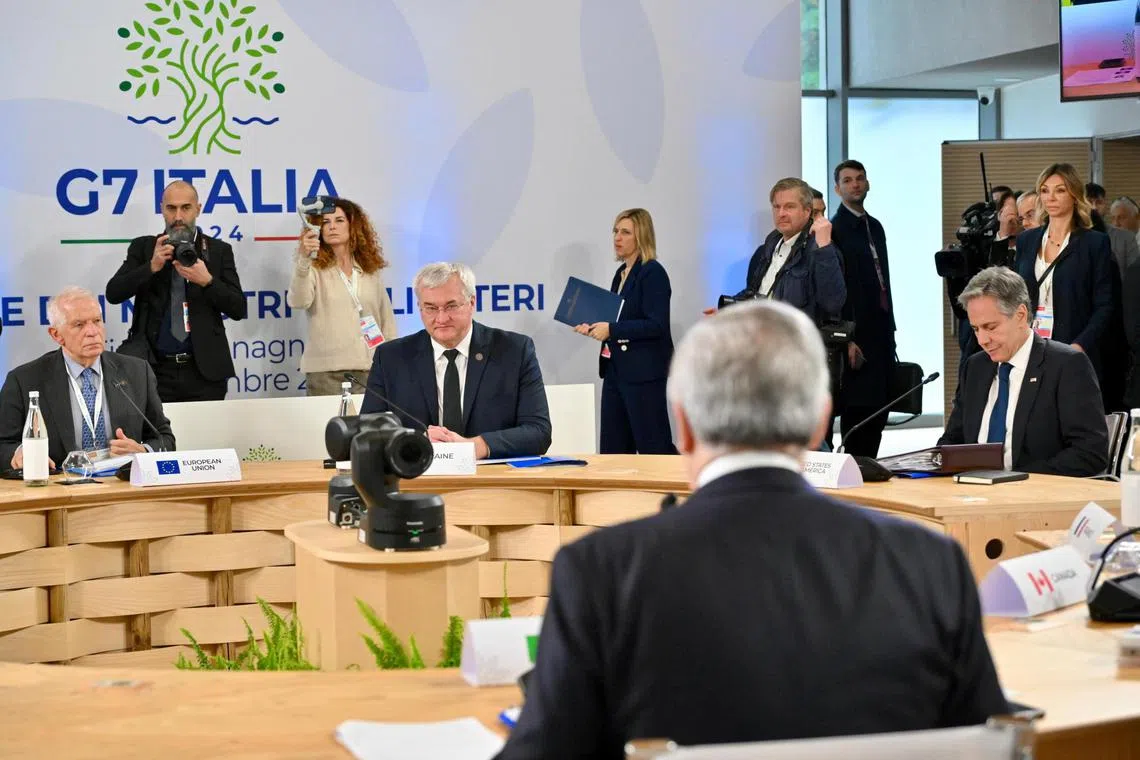 The G-7 meeting in Italy was attended by Ukrainian Foreign Minister Andrii Sybiha (centre, left).