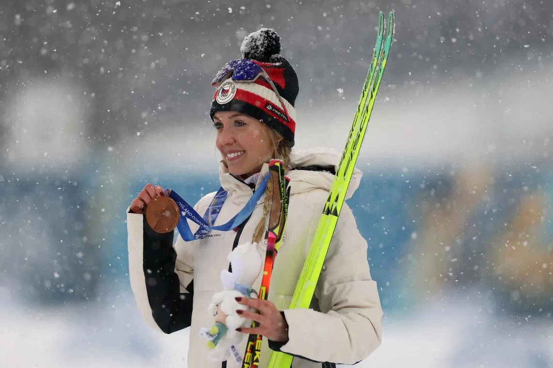 Milano Cortina 2026 Olympics - Biathlon - Women's 12.5km Mass Start Victory Ceremony - Anterselva Biathlon Arena, South Tyrol, Italy - February 21, 2026. Bronze medallist Tereza Vobornikova of Czech Republic celebrates on the podium REUTERS/Eloisa Lopez