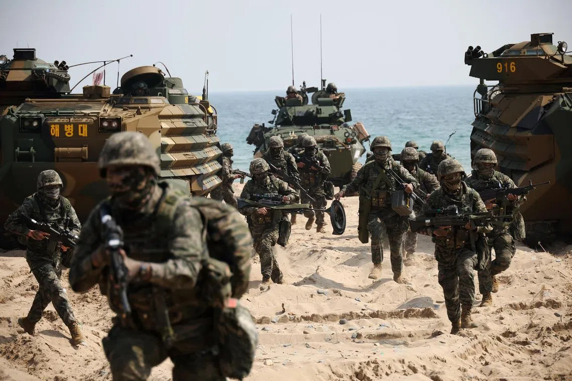 U.S. and South Korea's marines take part in an amphibious landing drill called the 'Ssangyong' exercise, in Pohang, South Korea, March 29, 2023.  REUTERS/Kim Hong-Ji