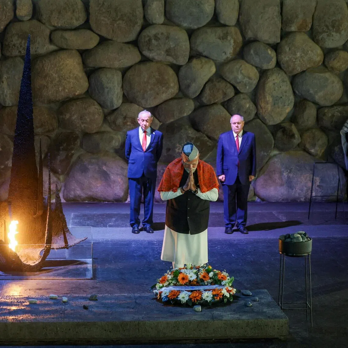 India’s PM Narendra Modi (centre) with Israeli PM Benjamin Netanyahu (left) at the Yad Vashem holocaust remembrance centre in Jerusalem, on Feb 26.