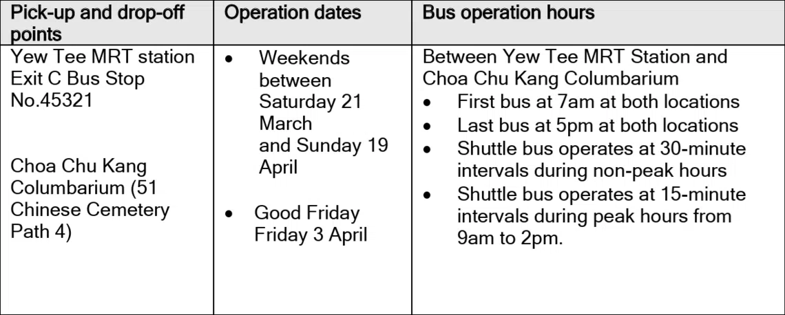 Shuttle buses to Choa Chu Kang Columbarium are available from Yew Tee MRT station