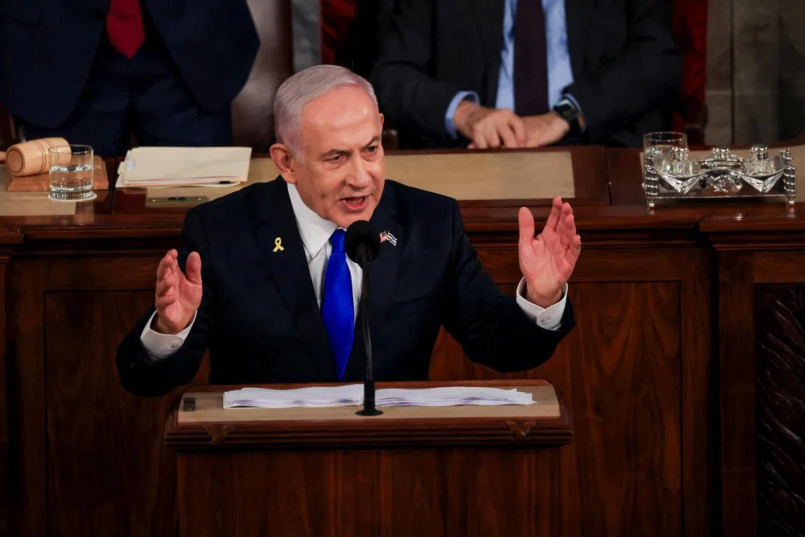 Israeli Prime Minister Benjamin Netanyahu addressing a joint meeting of Congress at the US Capitol in Washington, on July 24.