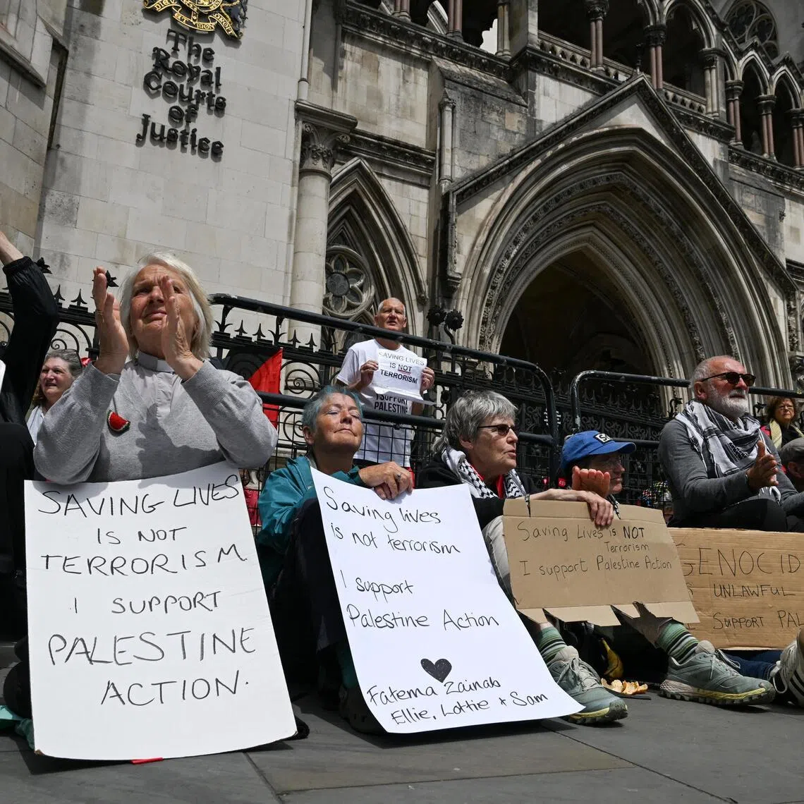 A demonstration opposing the government's decision to ban Palestine Action as a terror organisation outside the Royal Courts of Justice in London on June 15.