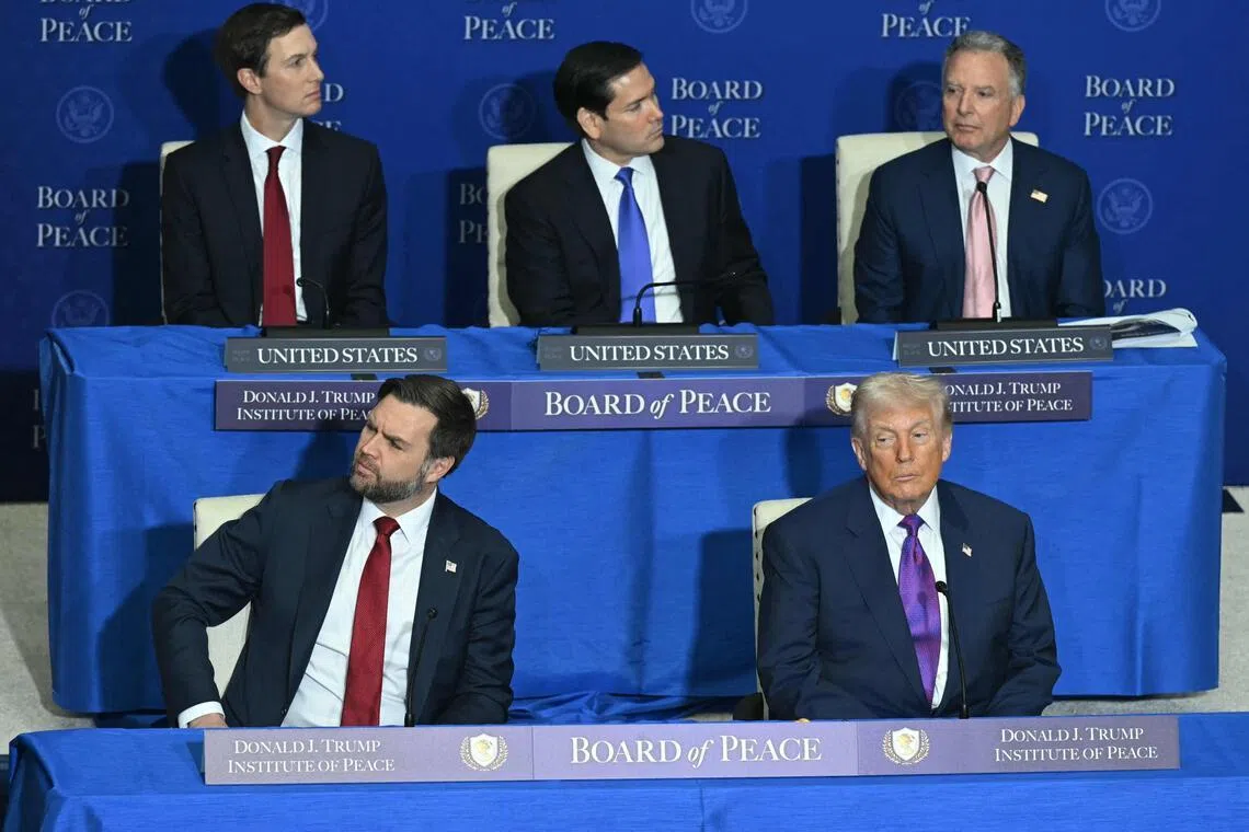 (Clockwise from bottom right) US President Donald Trump, V-P J.D. Vance, Jared Kushner, Secretary of State Marco Rubio, and White House Special Envoy Steve Witkoff at the "Board of Peace".