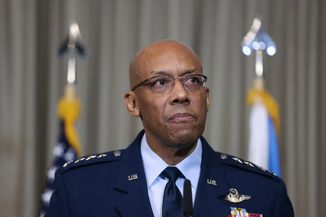 U.S. General Charles Q. Brown Junior looks on during a media statement with U.S. Secretary of Defense Lloyd Austin (not pictured) following a meeting of the Ukraine Defense Contact Group at the American military's Ramstein Air Base, near Ramstein-Miesenbach, Germany, March 19, 2024. REUTERS/Thilo Schmuelgen/ File Photo