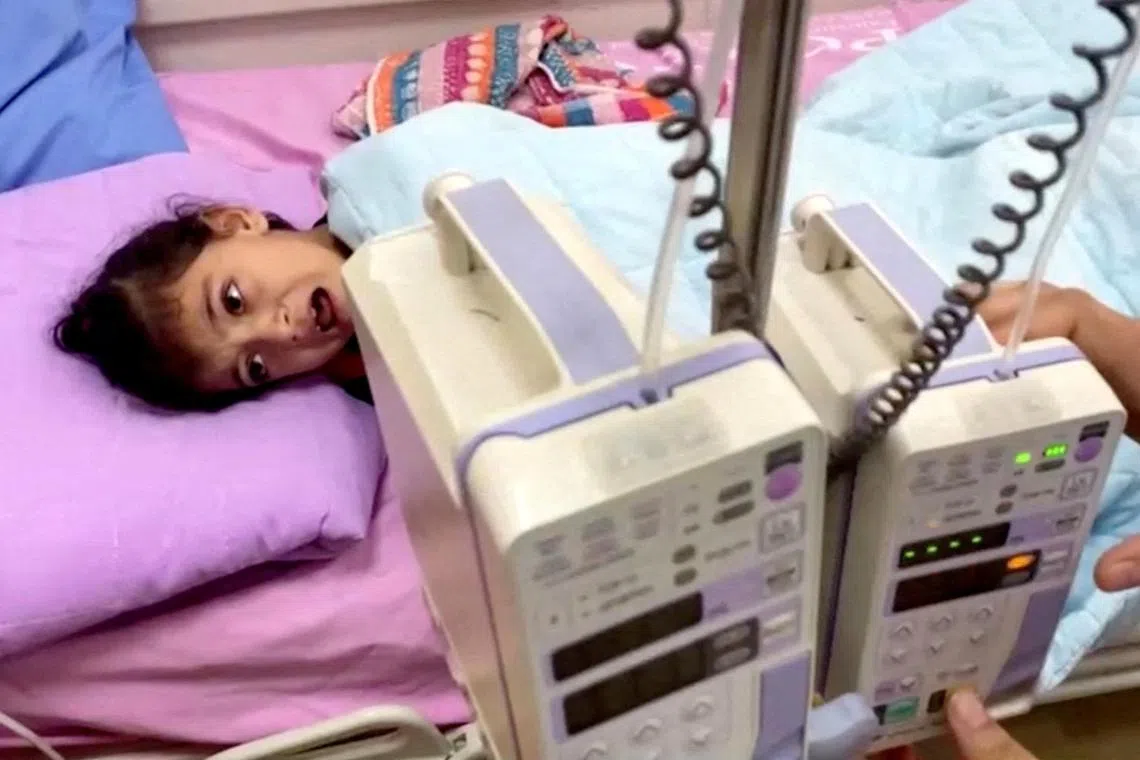 A still image from video show a young Palestinian cancer patient at Gaza's Rantisi hospital, which doctors say is running out of supplies, putting dozens of patients at risk.