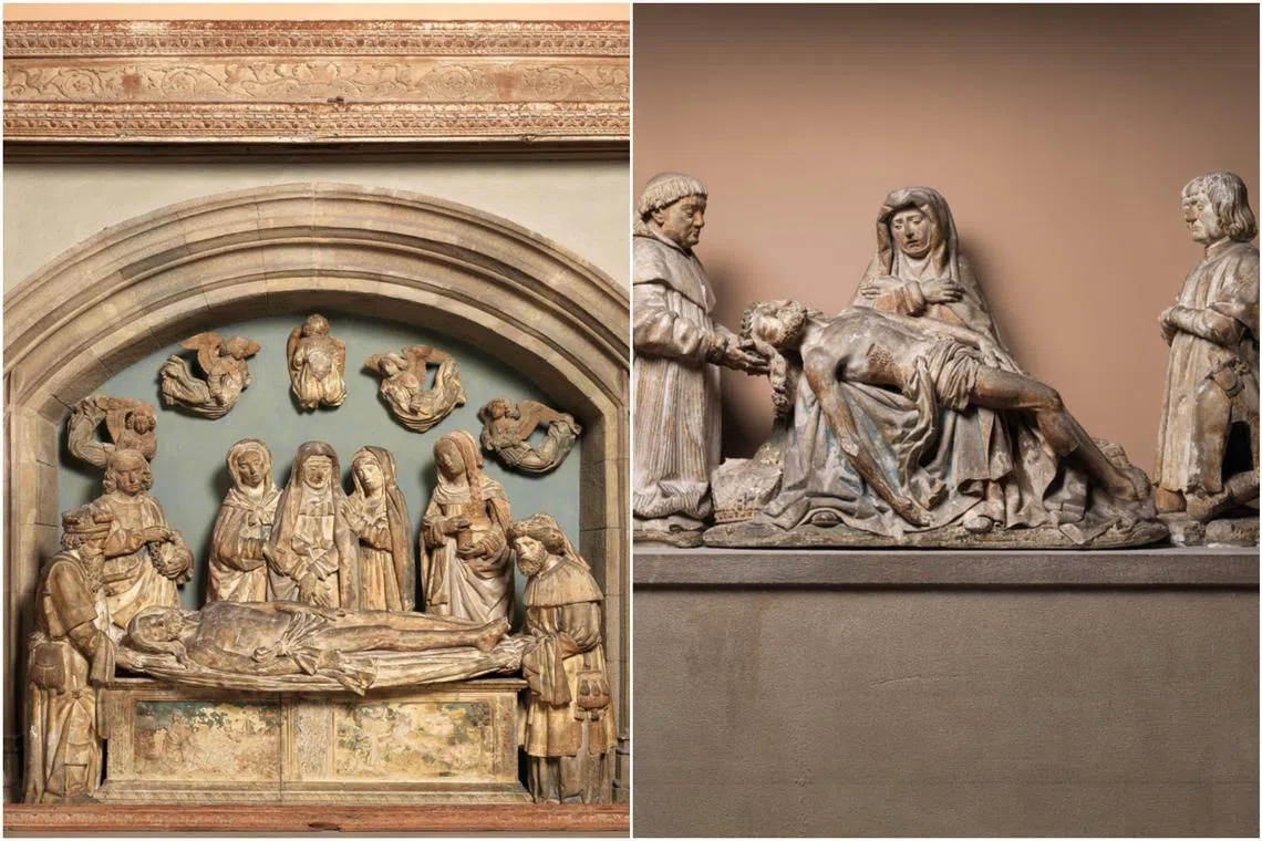 The Entombment of Christ sculpture (left) and the sculpture Pieta with Donors, Pons de Gontaut and his brother Armand, Bishop of Sarlat.