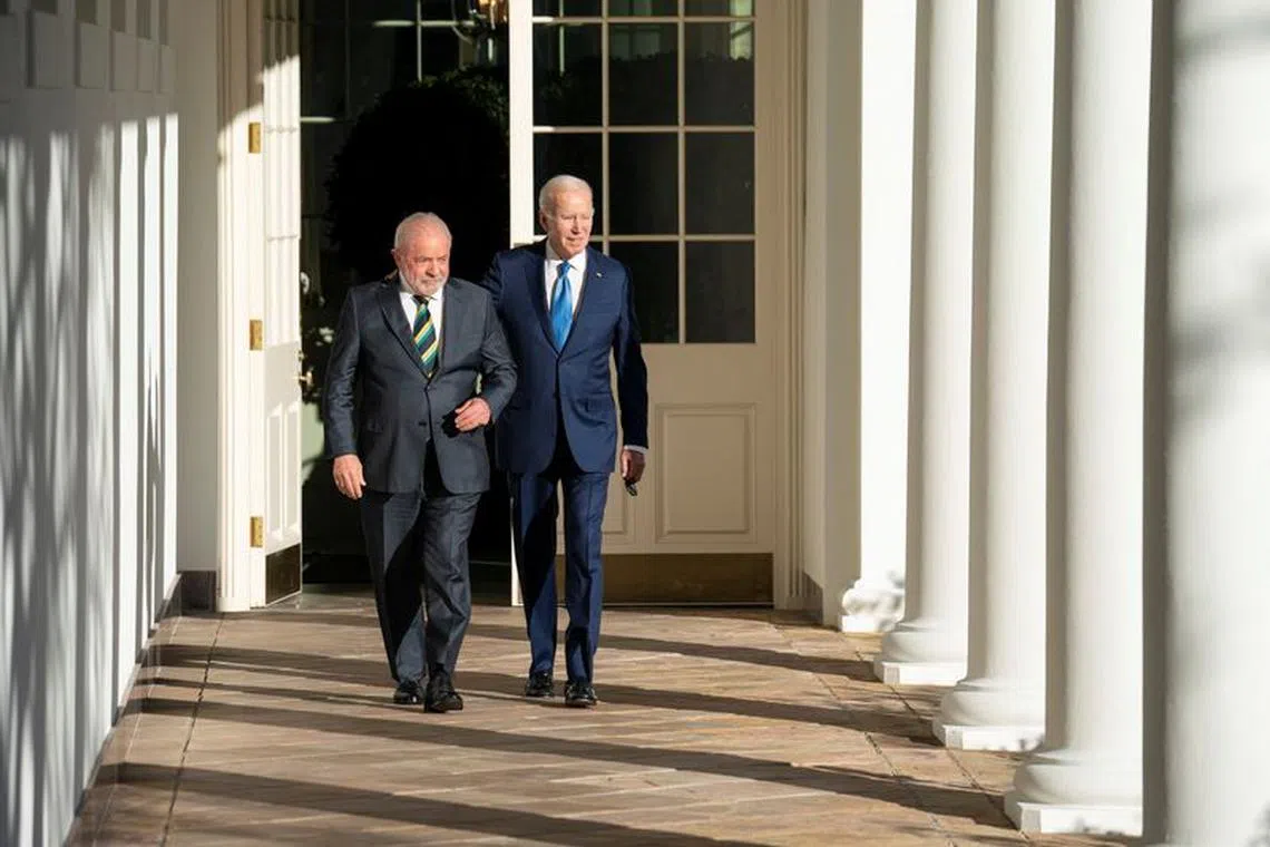 President of Brazil Luiz Inacio Lula da Silva and President Joe Biden walk along the West Colonnade to the Oval Office at the White House in Washington, U.S. February 10, 2023. Sarah Silbiger/Pool via REUTERS/File photo