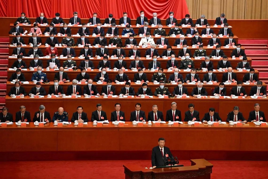 China's President Xi Jinping speaking during the opening session of the 20th Chinese Communist Party's Congress at the Great Hall of the People in Beijing on Oct 22, 2022.
