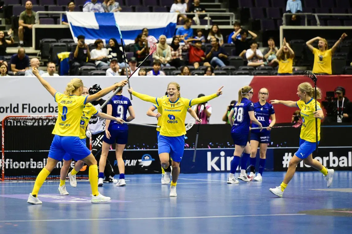 Maja Vistrom (No.11) of Sweden after scoring twice in the final of the Women's World Floorball Championship 2023.