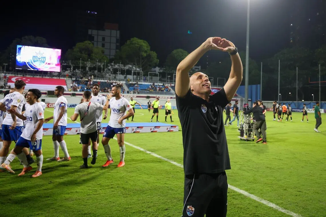 Lion City Sailors head coach Aleksandar Rankovic gestures to fans after winning the Singapore Cup final at Jalan Besar Stadium on Jan 10, 2026. ST PHOTO: JASON QUAH