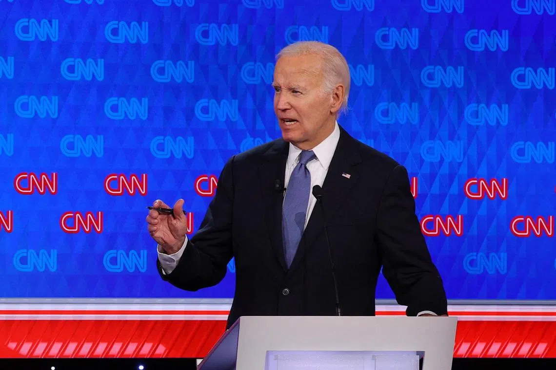 US President Joe Biden speaks during a presidential debate with former US President Donald Trump, in Atlanta, on June 27.