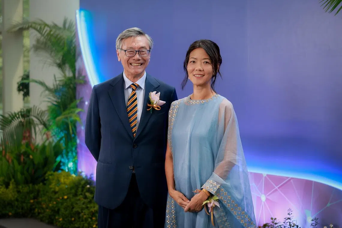 President’s Science and Technology Medal (PSTM) recipient Professor Tan Eng Chye (left), President of the National University of Singapore, and President’s Science Award (PSA) recipient Dr Lisa Ng (right) at the President’s Science and Technology Awards (PSTA) Ceremony held at NUS’s University Cultural Centre on Oct 3, 2025.