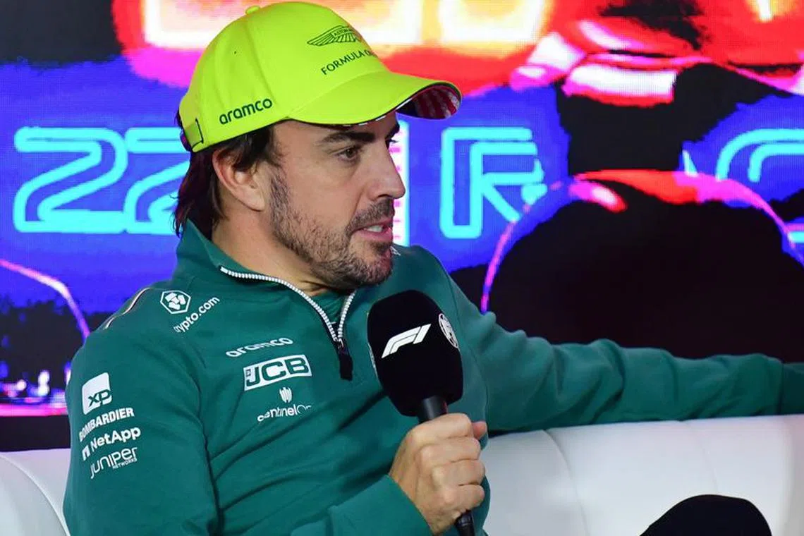 Nov 15, 2023; Las Vegas, Nevada, USA; Aston Martin driver Fernando Alonso of Spain speaks during media availabilities at Las Vegas Strip Circuit. Mandatory Credit: Gary A. Vasquez-USA TODAY Sports/ File photo