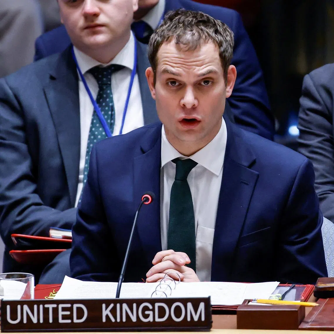 FILE PHOTO: United Kingdom's Parliamentary Under-Secretary of State at the Foreign, Commonwealth and Development Office Hamish Falconer addresses to members of the Security Council about the Middle East situation, including the Palestinian Question at UN Headquarters in New York City, U.S., January 20, 2025. REUTERS/Eduardo Munoz/File Photo