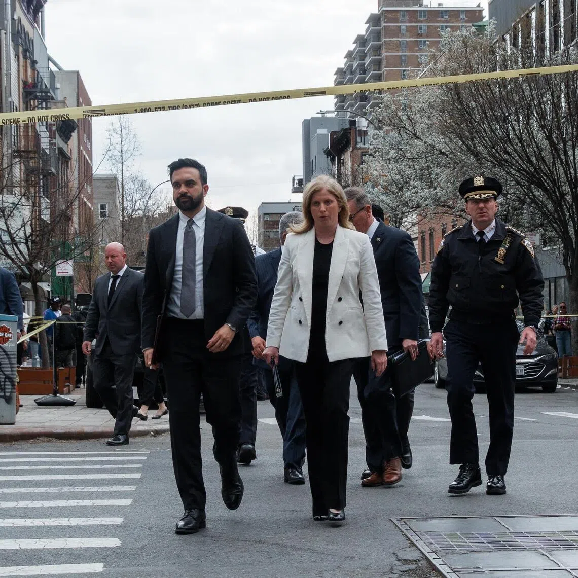 New York City Mayor Zohran Mamdani (left) and New York Police Department Commissioner Jessica Tisch (centre) arriving at the scene of the fatal shooting of a seven-month-old infant in Brooklyn on April 1, 2026.  